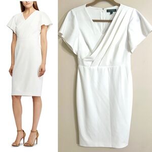 LAUREN RALPH LAUREN Womens Ivory Short Sleeve Knee‎ Length Shift Dress 4P Chic
